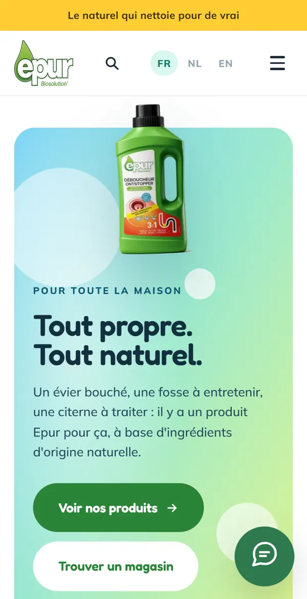Page d'accueil de epurbiosolution.eu sur téléphone : le logo Epur, le titre « Tout propre. Tout naturel. » et les boutons Voir nos produits et Trouver un magasin.