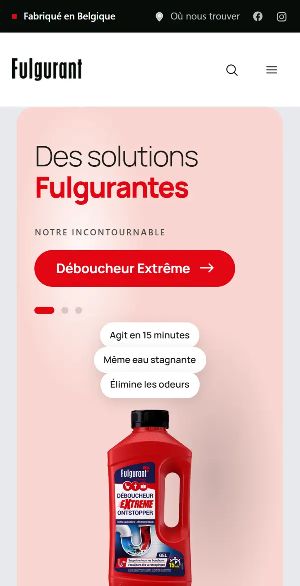 Page d'accueil de fulgurant.eu sur téléphone : le logo Fulgurant, le titre « Des solutions Fulgurantes » et le Déboucheur Extrême mis en avant.